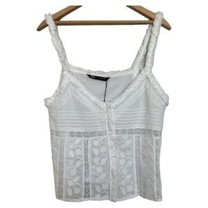 NEW Embroidered Floral Fringe Tank Top Cropped Medium Oyster White 0881050